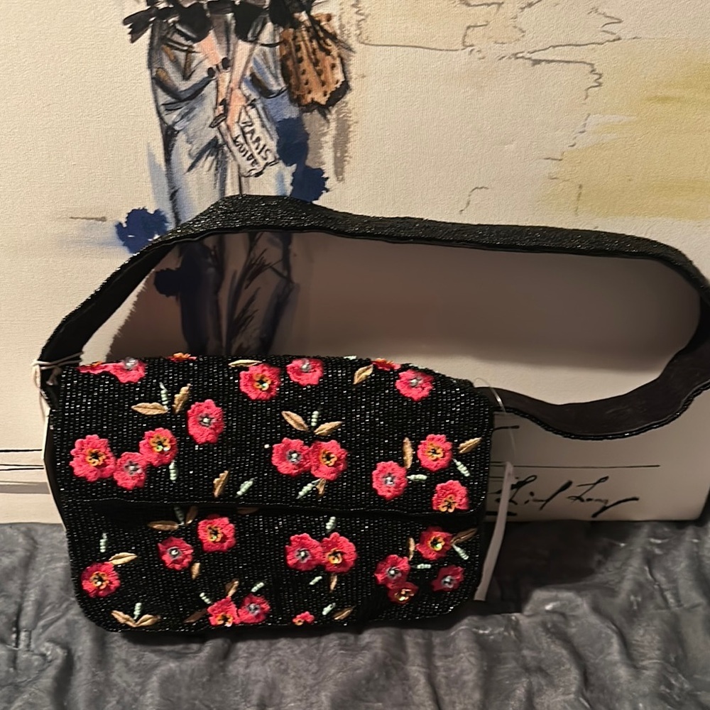 Sol and Mer black And pink floral beaded shoulder bag